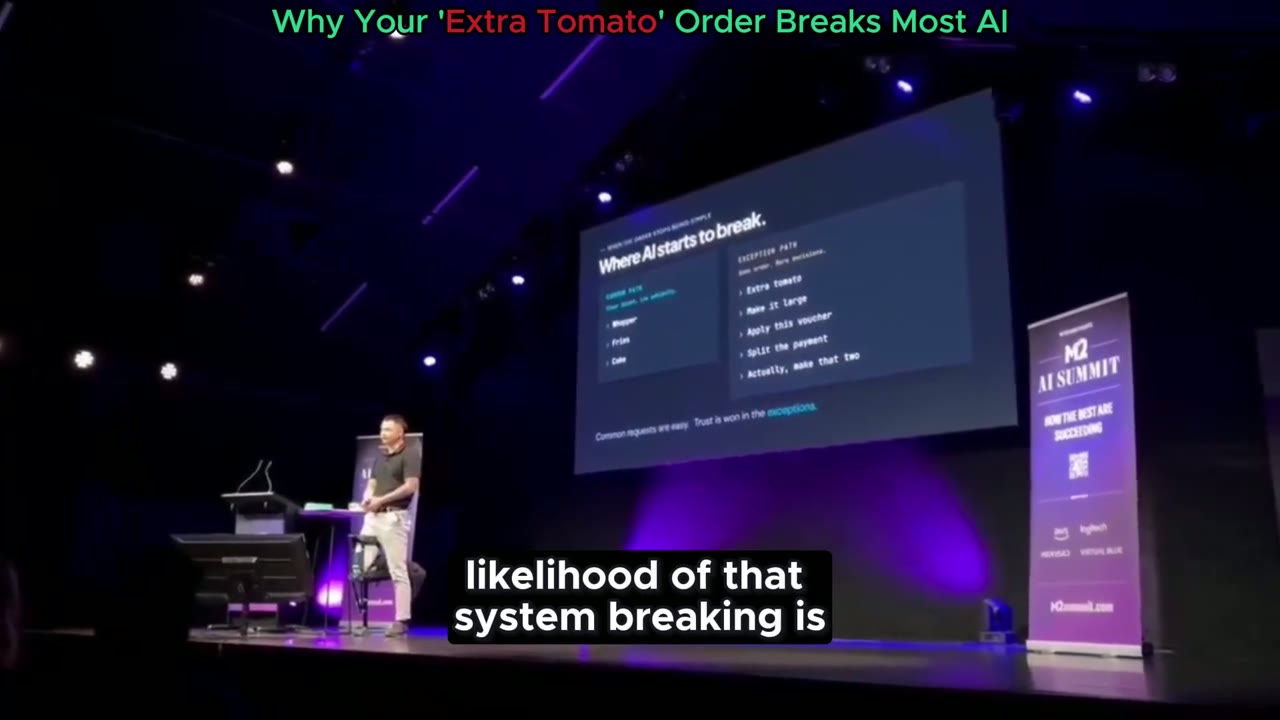 Slide reading 'Where AI starts to break' beside the speaker on stage