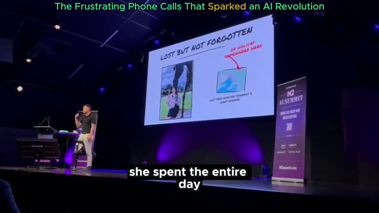 Speaker on the M2 AI Summit stage telling the origin story