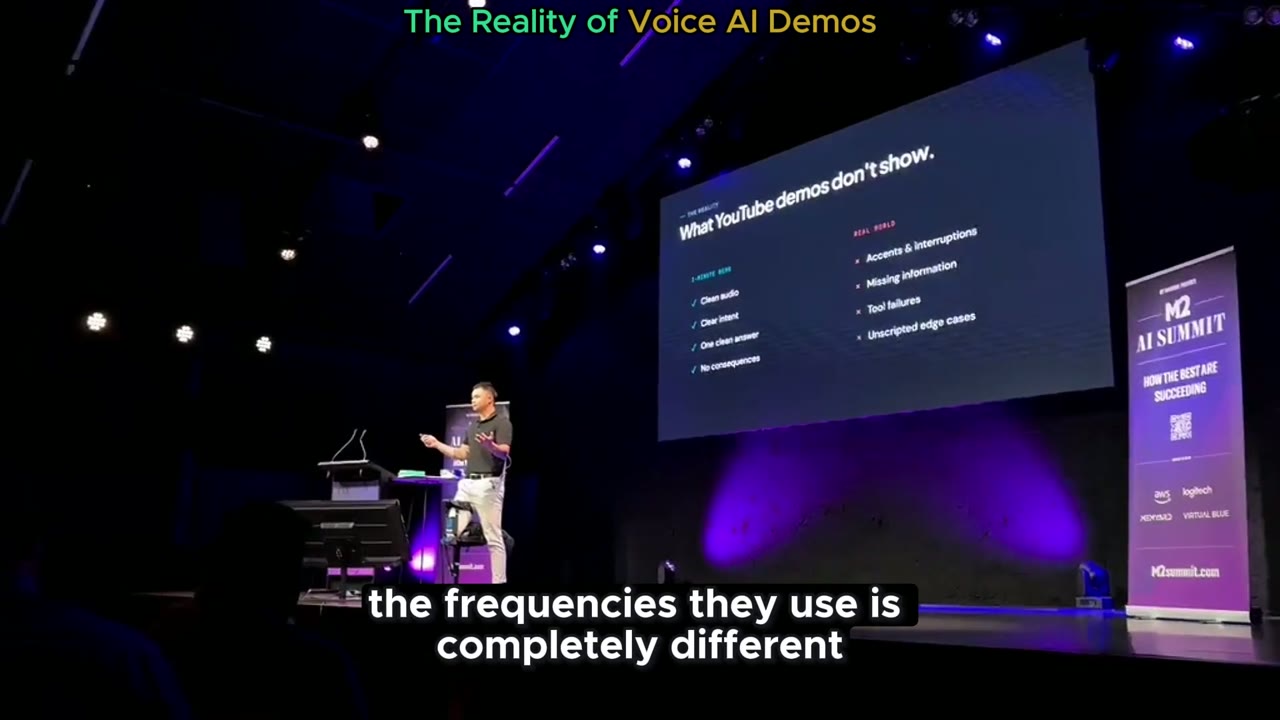 Speaker on the M2 AI Summit stage explaining phone call audio quality